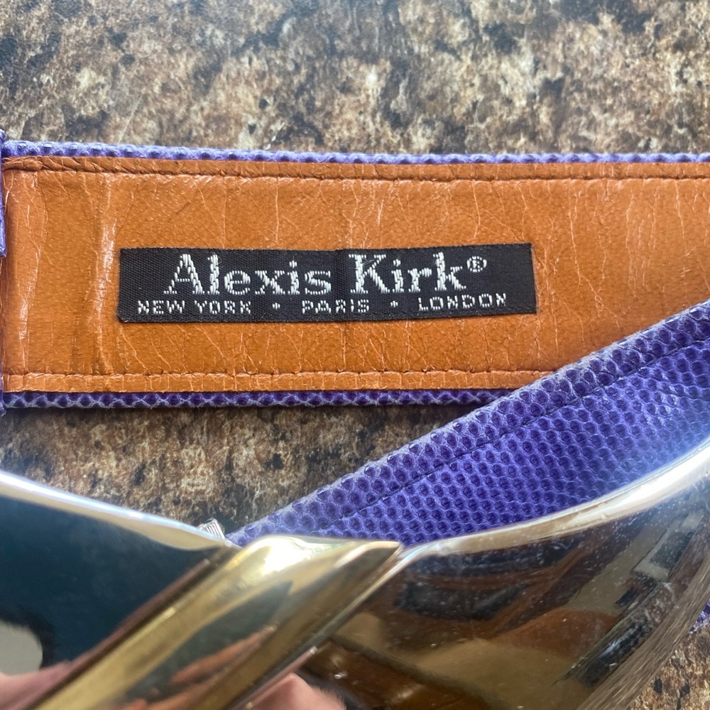 Alexis Kirk Blue and Silver Belt Buckle Adjustable Vintage 80s Leather Metallic - Picture 2 of 5